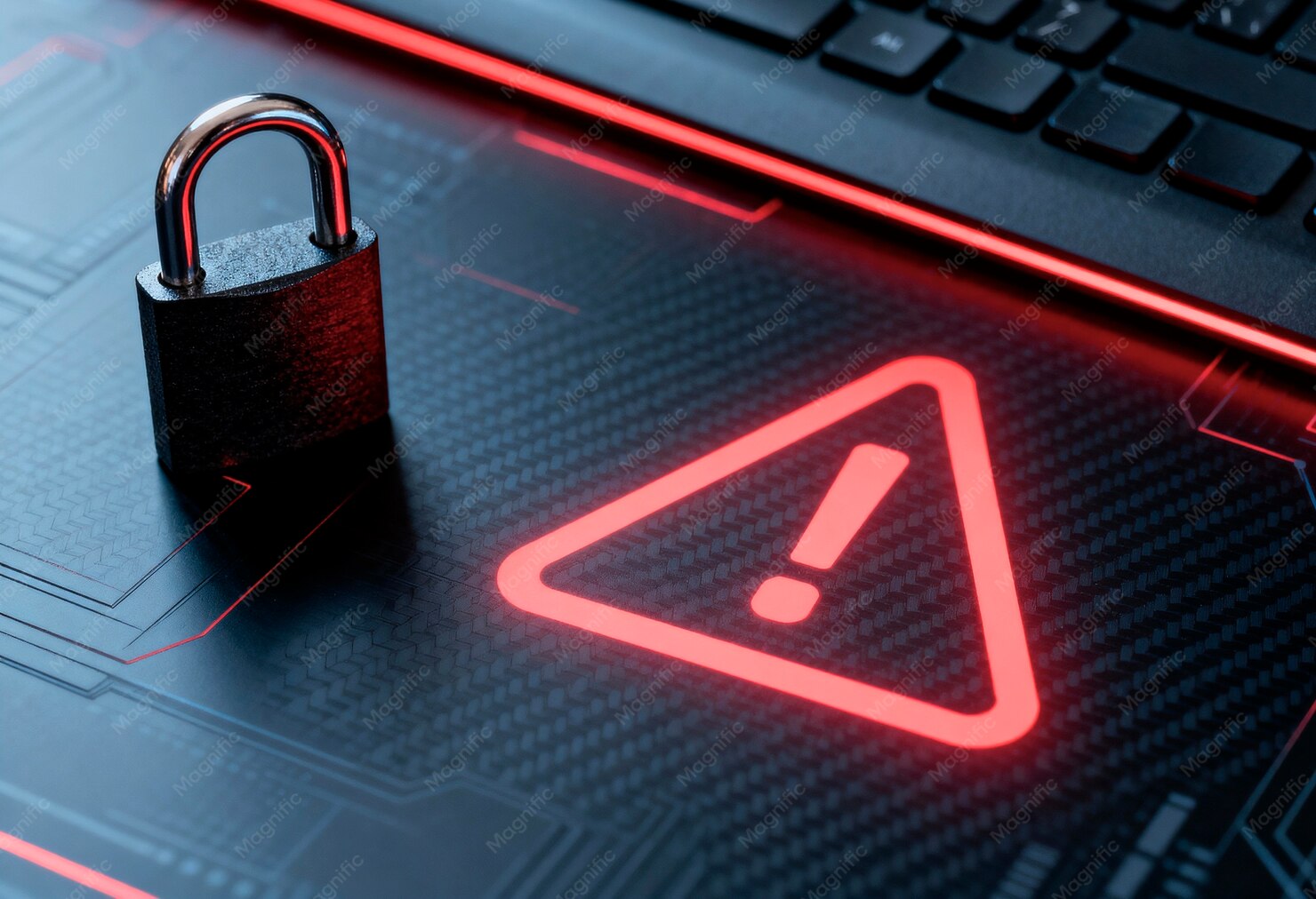 Cadeado e alerta vermelho sobre teclado, representando os passos para proteger o site da falha no PHP