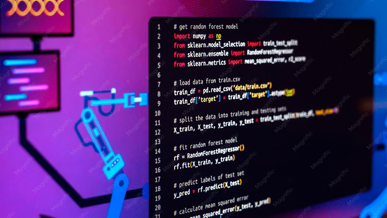 Tela com código de programação e braço robótico, representando a inteligência artificial que descobriu a falha no PHP