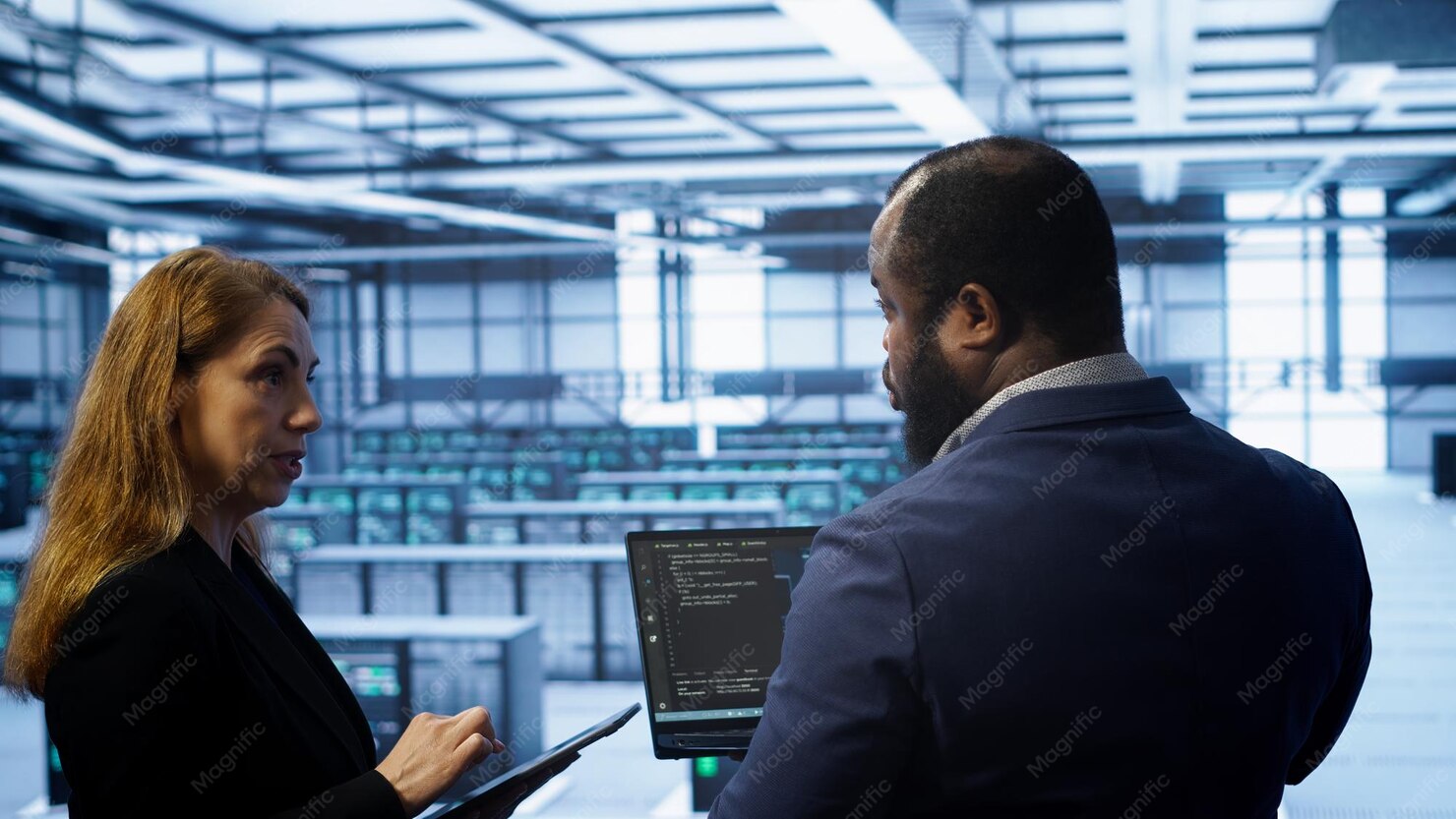 Dois profissionais de TI trabalhando juntos no data center, representando o modelo híbrido de outsourcing de TI