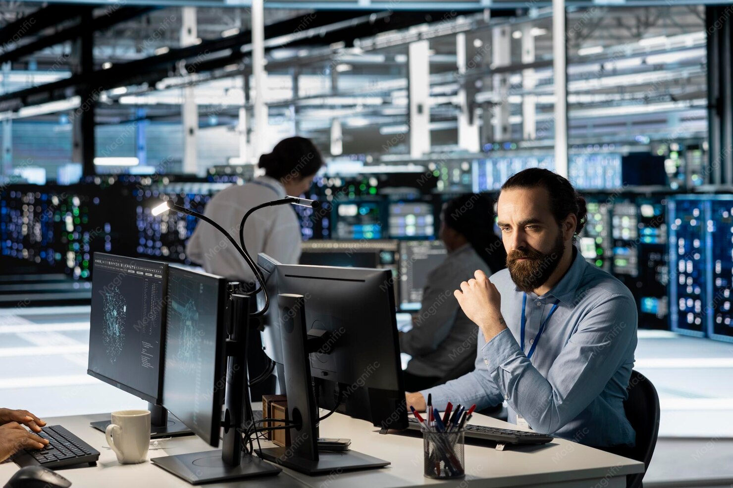Técnico de TI configurando servidores no data center, representando como reduzir a dependência de um único técnico de TI