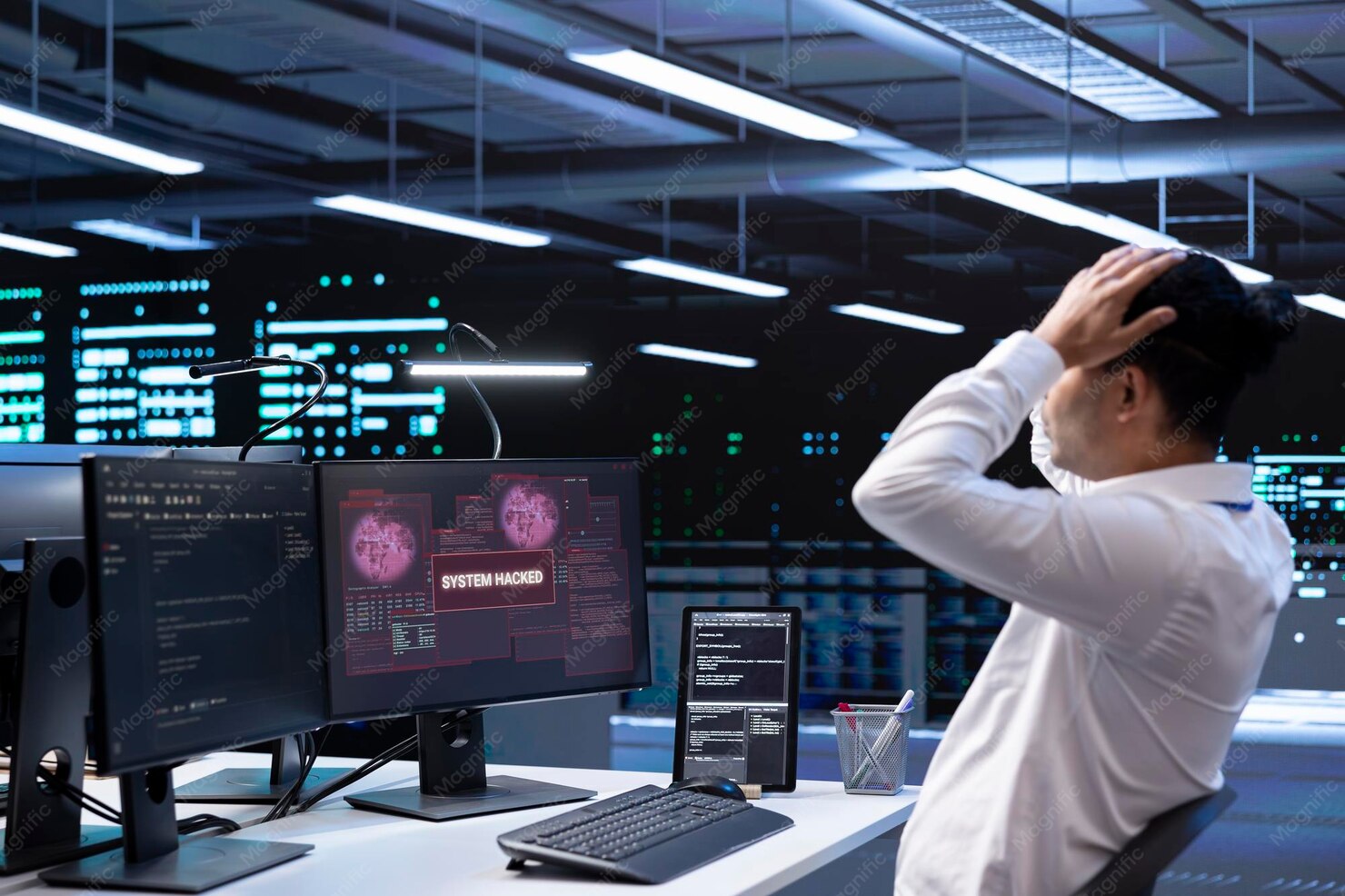 Profissional de TI preocupado diante de alerta de sistema invadido no data center, ilustrando o risco da falha no PHP